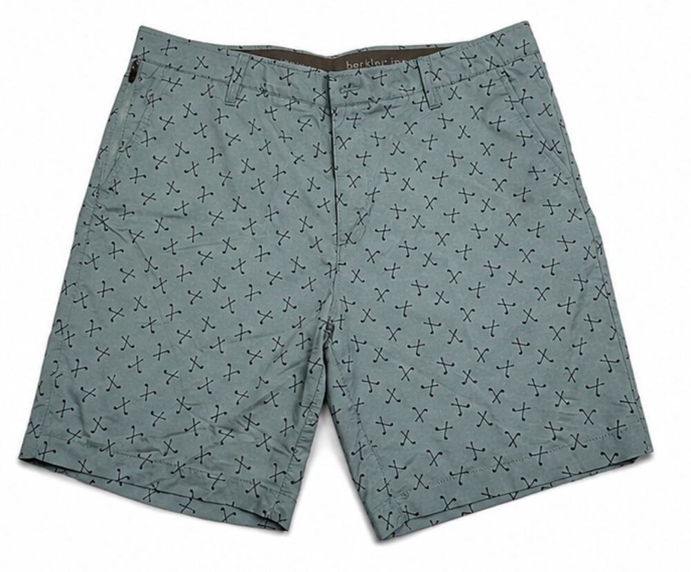 Berkley Jensen Mens 38 Golf Shorts Blue Green All Over Print Flat Front Casual